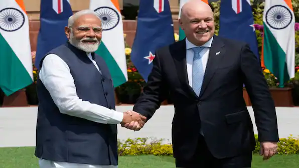 Prime Minister Narendra Modi greets New Zealand Prime Minister Christopher Luxon in New Delhi