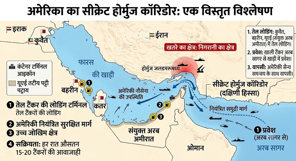 "अमेरिका का सीक्रेट होर्मुज कॉरिडोर नक्शा दर्शाते हुए फारस की खाड़ी, ओमान तट और सुरक्षित तेल टैंकर मार्ग"