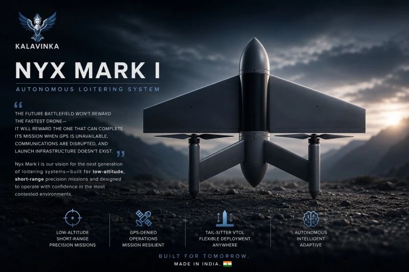 Kalavinka Technologies Nyx MK-I autonomous loitering munition operating in a GPS-denied battlefield
