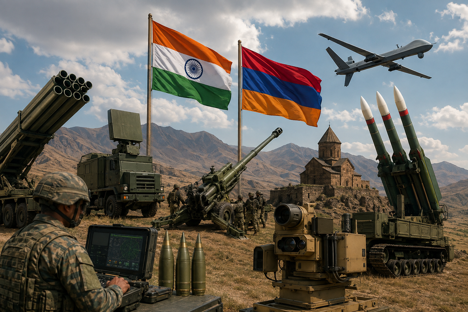 भारत और आर्मेनिया के रक्षा सहयोग को दर्शाता सैन्य दृश्य, जिसमें भारतीय हथियार प्रणालियां, रडार, आर्टिलरी, मिसाइल सिस्टम और दोनों देशों के झंडे दिखाई दे रहे हैं।