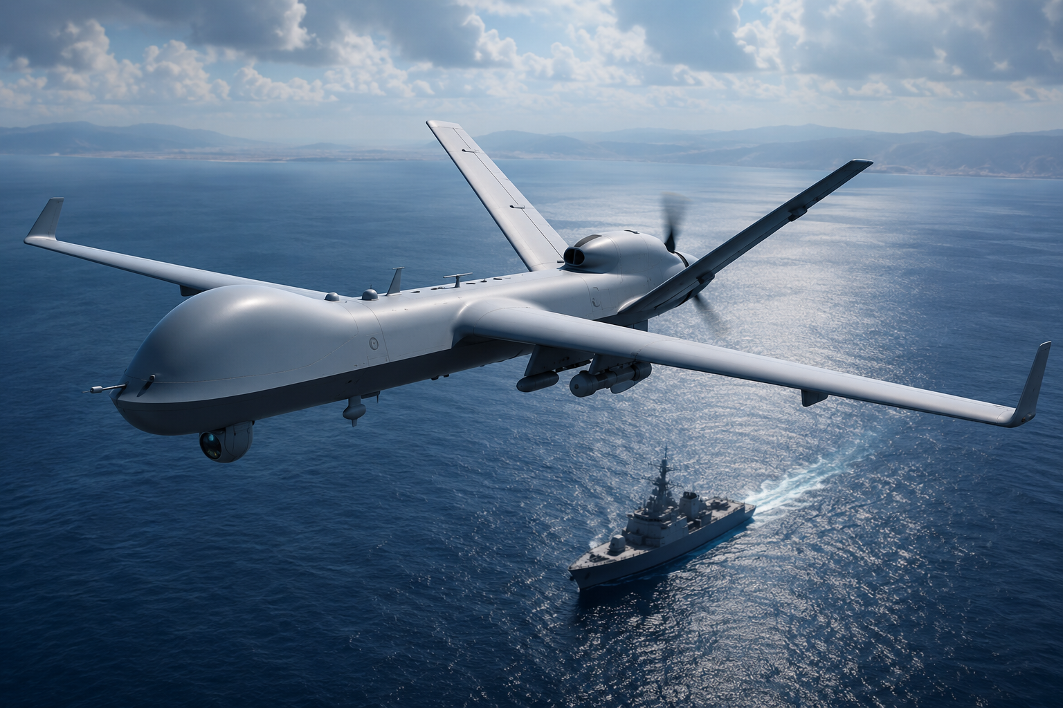 समुद्र के ऊपर उड़ता MQ-9B SeaGuardian maritime surveillance drone