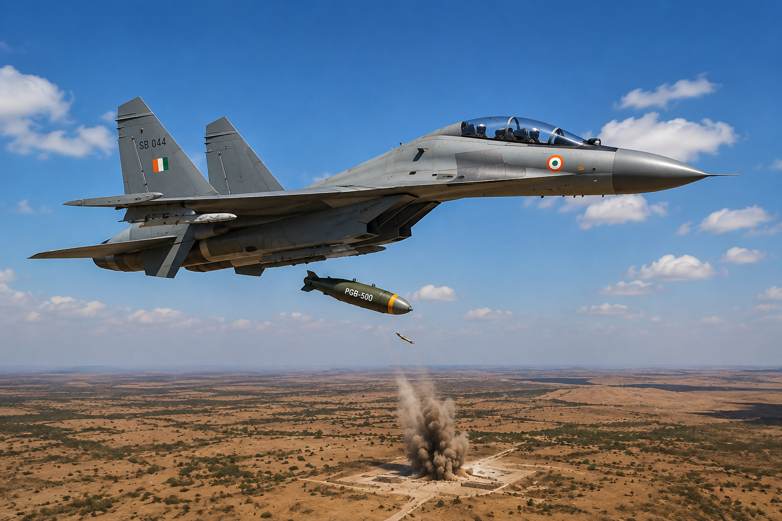 Su-30MKI fighter jet dropping PGB-500 precision guided bomb during test
