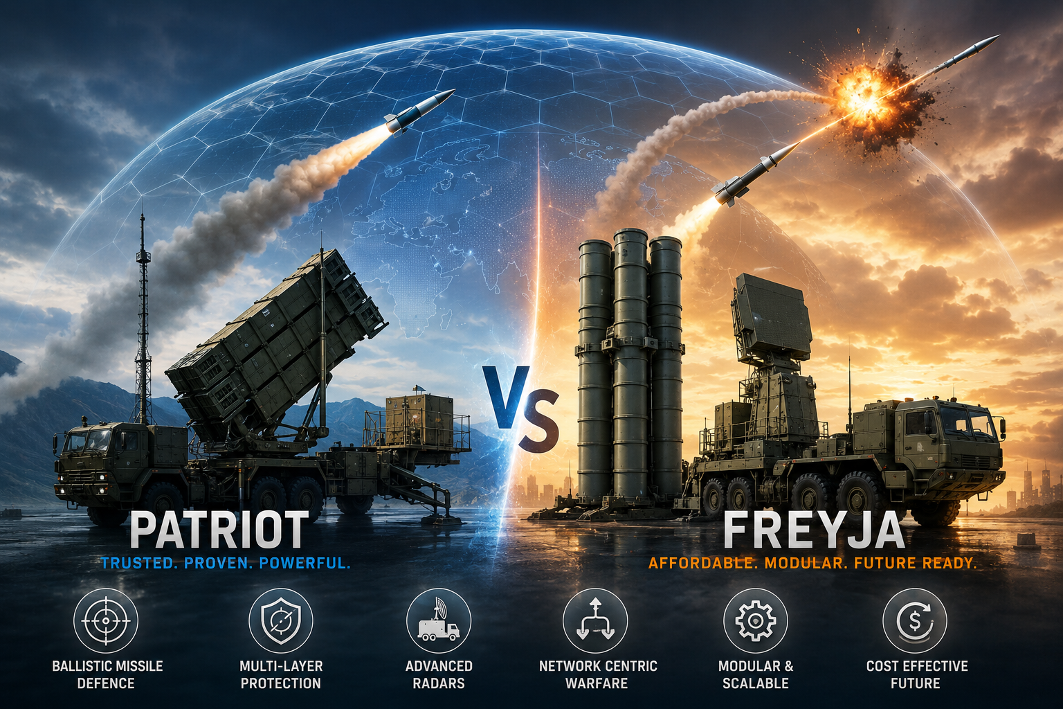 Patriot Missile System और Freyja Missile Defence System का प्रतीकात्मक चित्र