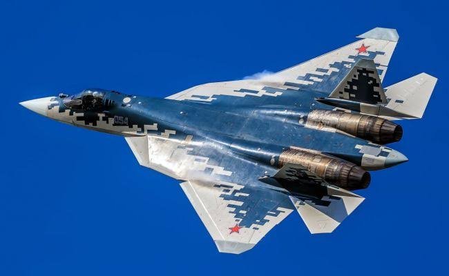 Russian Su-57E fifth-generation stealth fighter jet in flight