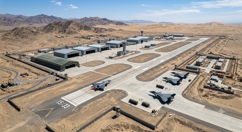 Top-down view of a highly classified Chinese military airbase in a desert landscape, featuring hangars, runways, and advanced 6th-generation stealth fighter jets parked on the tarmac.