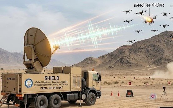 DRDO SHIELD S-Band High-Power Microwave (HPM) counter-drone evaluation system conducting field testing against a drone swarm in a desert environment.