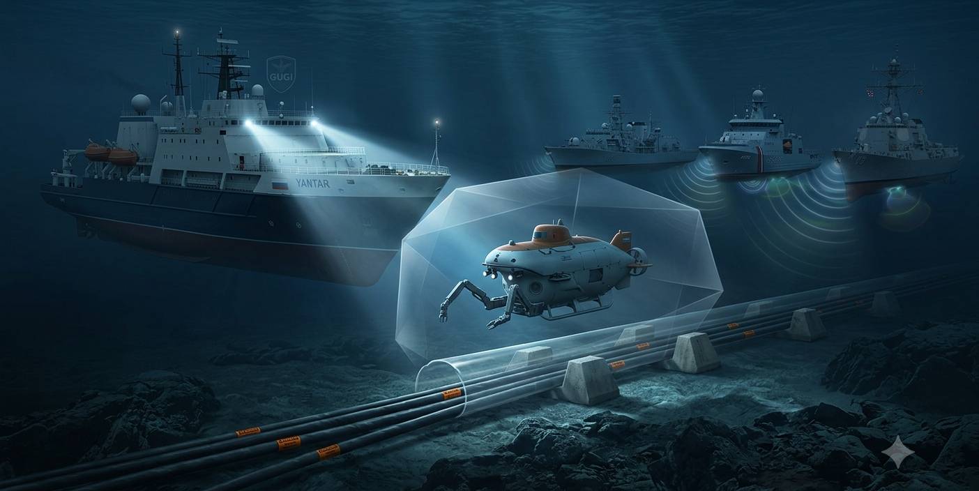 A Russian GUGI underwater research vessel Yantar and submersible operating near subsea fiber-optic cables in the Arctic while NATO warships intervene.