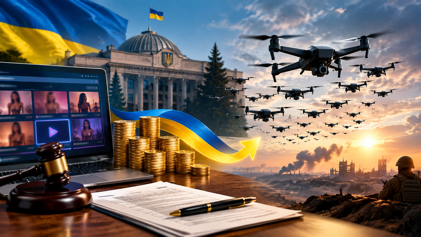 Symbolic image showing Ukraine's proposed adult-content tax revenue linked to military drone funding