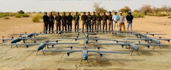 Indian Army personnel and Sarus Aerospace team with 12 Shaurya UAVs