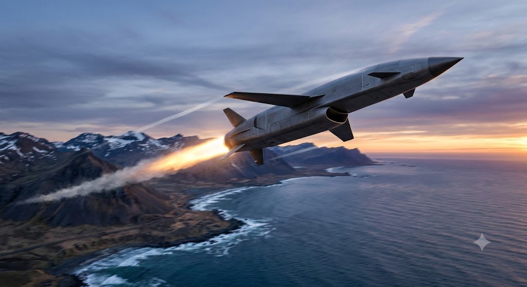 Supersonic cruise missile flying over ocean at sunset