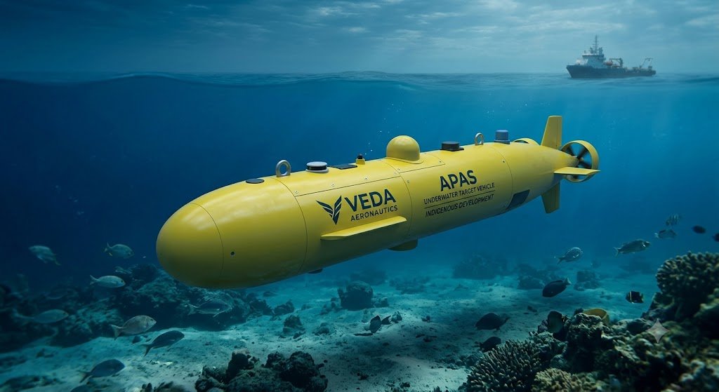 VEDA Aeronautics APAS indigenous underwater target vehicle and naval decoy drone concept render.