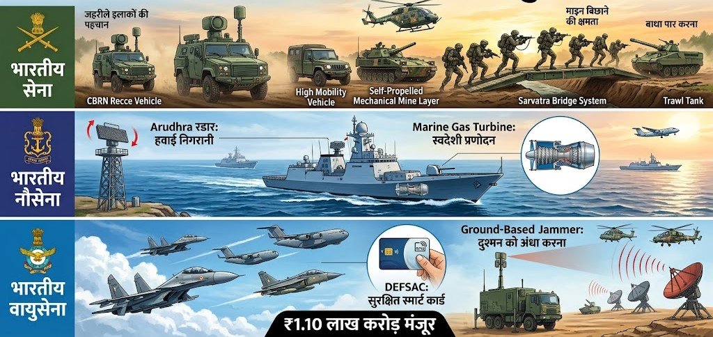Infographic showing India’s ₹1.10 lakh crore defence procurement approved by DAC for the Indian Army, Navy, and Air Force.