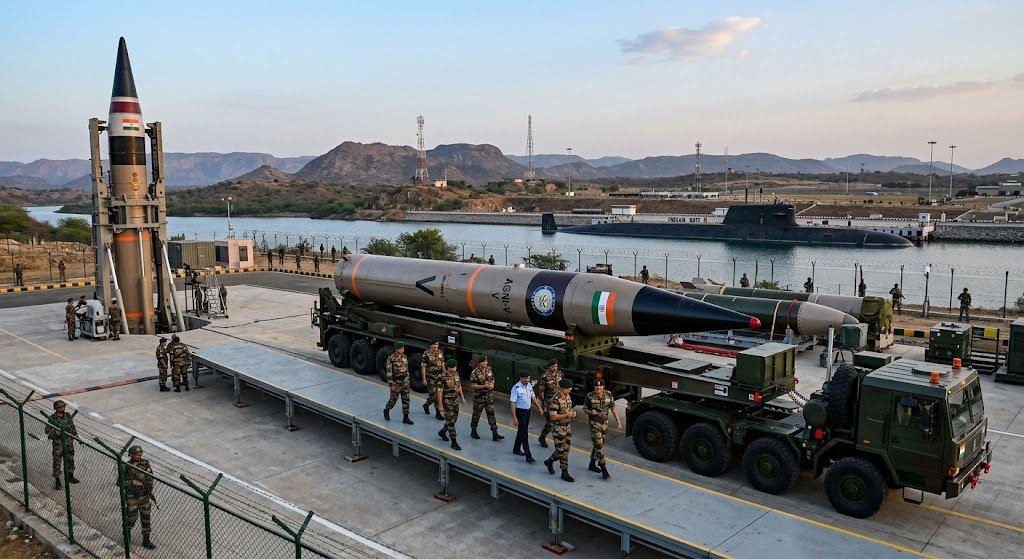 Indian military nuclear triad displaying Agni missile launchers, ballistic missile submarine in background, and army personnel at a strategic base.