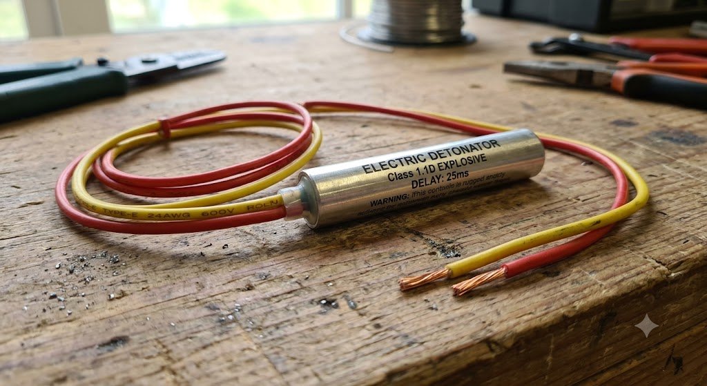 An electric detonator with red and yellow insulated leg wires on a wooden workbench in an industrial setting.