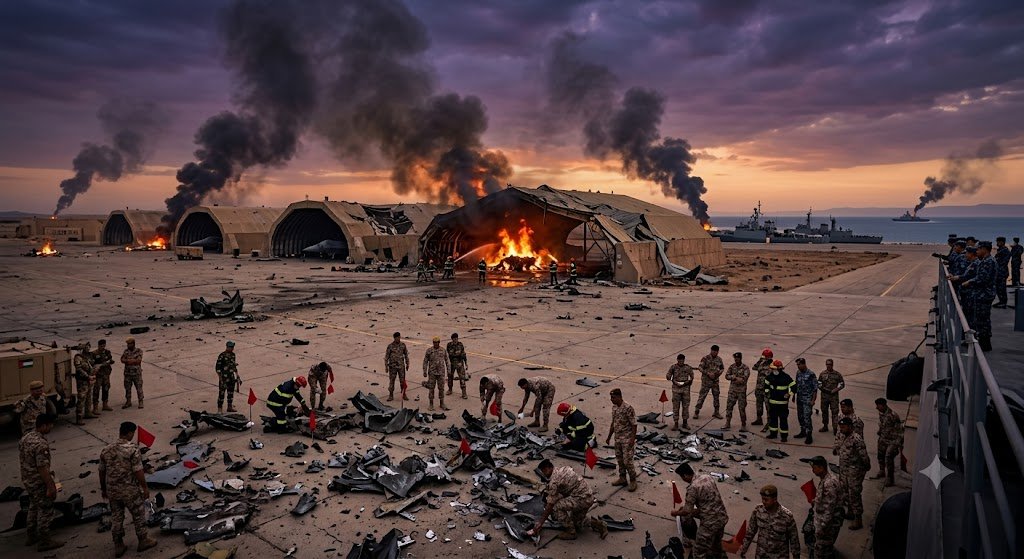 A damaged military airbase shelter with smoke, emergency vehicles, and anti-missile defense systems