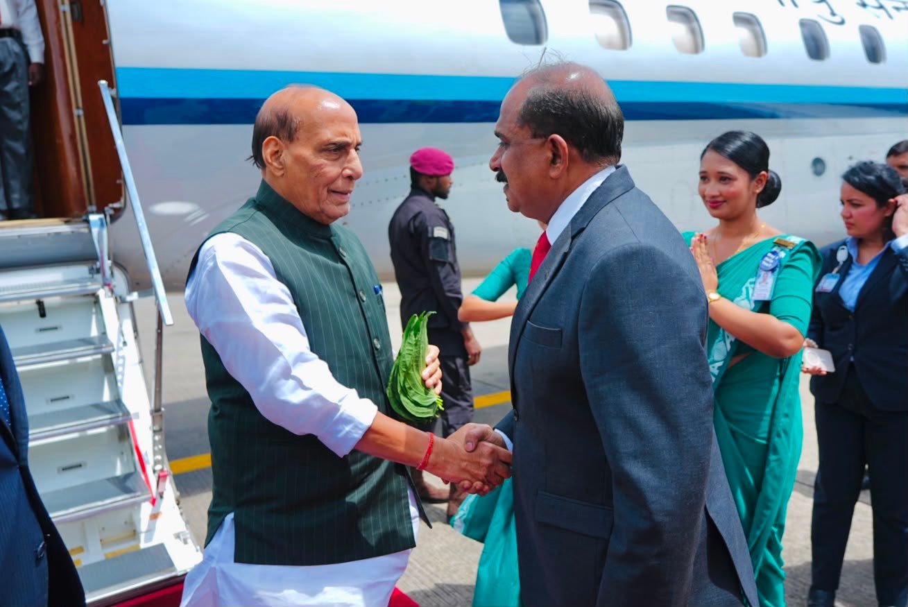 Rajnath Singh arrives in Sri Lanka and receives a welcome at Colombo Airport