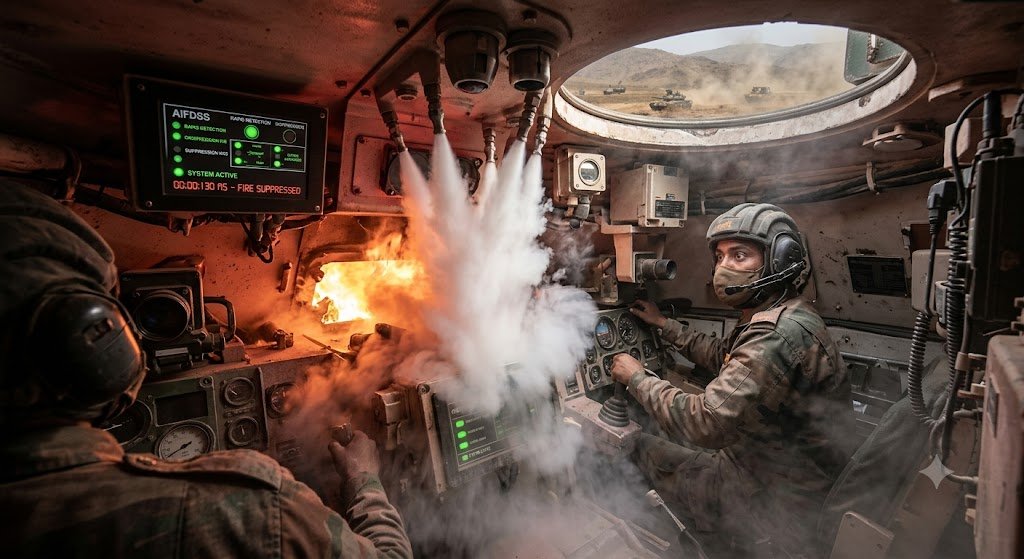 DRDO CFEES AIFDSS fire suppression system operating inside Indian Army battle tank crew compartment
