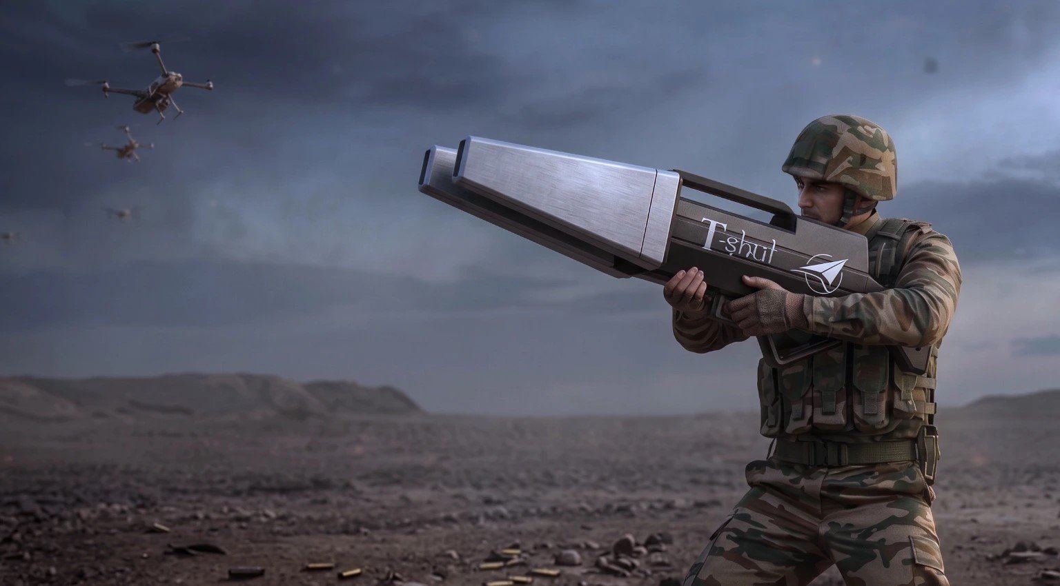 Indian soldier operating T-SHUL BEAM counter-drone system