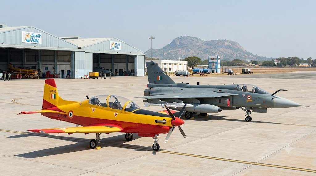 HTT-40 trainer aircraft and Tejas Mk1A fighter jet stationed together at HAL tarmac in India