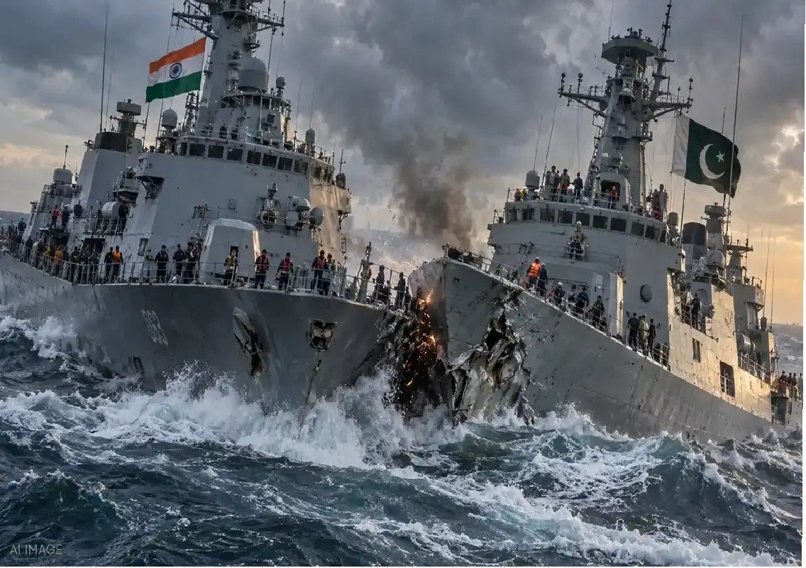 Representative illustration of Indian and Pakistani warships colliding in the Arabian Sea