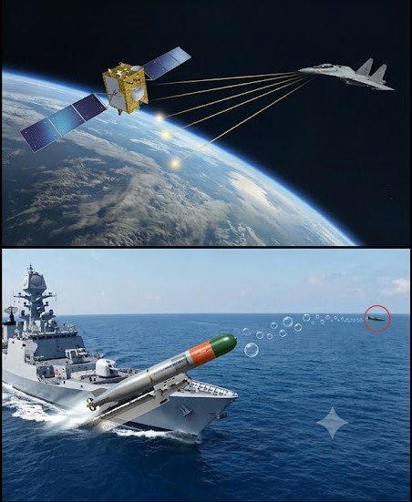 AI-generated image showing a military communication satellite in space and a naval ship launching a torpedo at sea