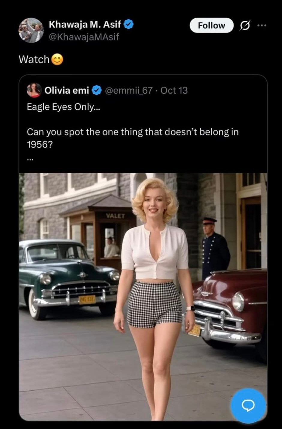 Screenshot of Pakistan Defence Minister Khawaja Asif's viral tweet saying Watch on an AI-generated Marilyn Monroe image