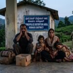 Symbolic AI-generated image depicting police detaining a suspected Bangladeshi family at a coffee plantation in Kodagu, Karnataka.