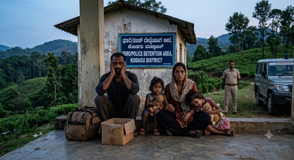 Symbolic AI-generated image depicting police detaining a suspected Bangladeshi family at a coffee plantation in Kodagu, Karnataka.