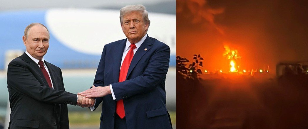 Donald Trump and Vladimir Putin amid a fire at a Russian oil terminal after a reported Ukrainian drone attack