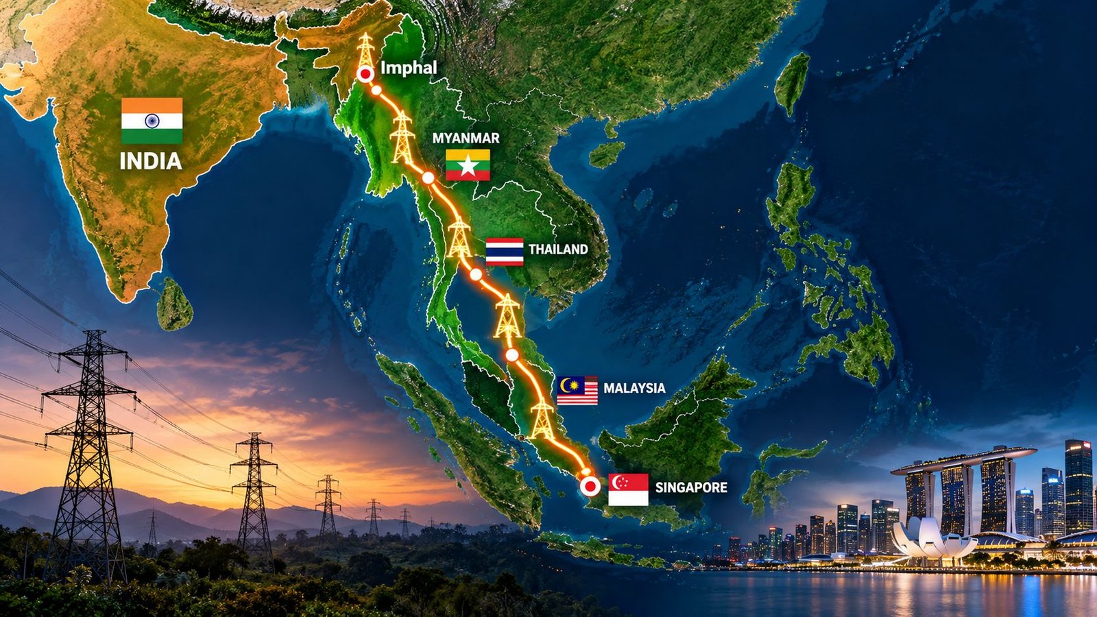 AI-generated illustration of the proposed 3,000-km India-Singapore power corridor via Myanmar, Thailand and Malaysia