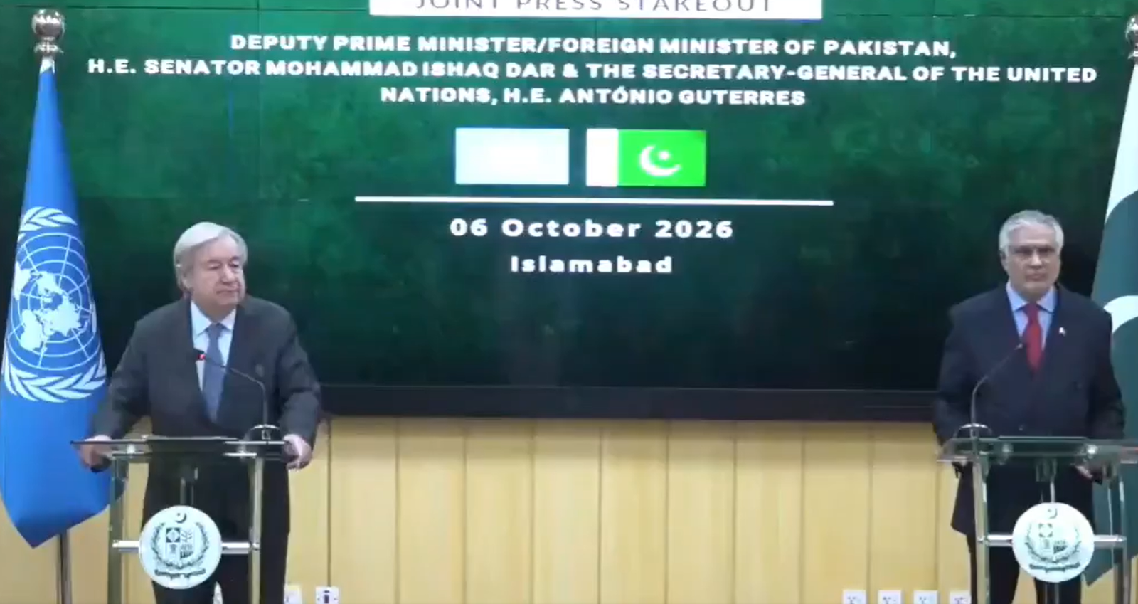 UN Secretary-General Antonio Guterres and Pakistan Foreign Minister Ishaq Dar during joint press conference in Islamabad